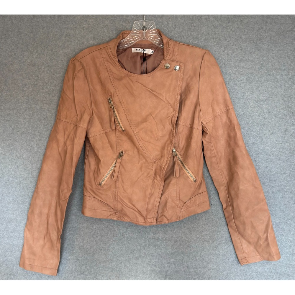 NEW! DaBLJU by Jiniy Faux Leather Moto Jacket Womens Medium Tan Snaps Zippers